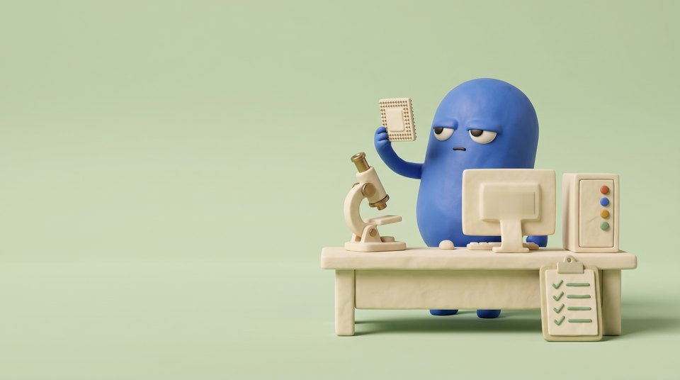 A cobalt clay figure at a cream lab bench holds a small chip up to the light; on the bench a microscope, a blank screen, a small server cabinet with four coloured lights, and a clipboard with four ticks leaning on the front