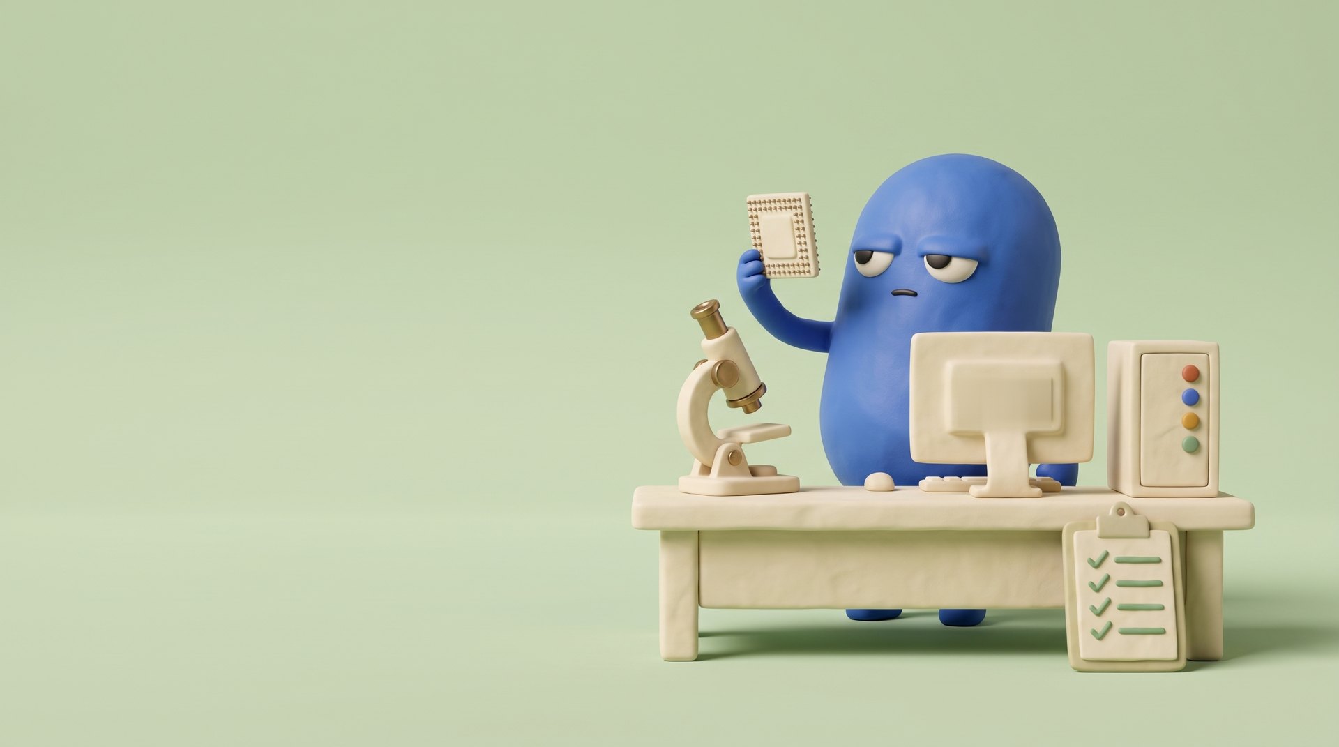 A cobalt clay figure at a cream lab bench holds a small chip up to the light; on the bench a microscope, a blank screen, a small server cabinet with four coloured lights, and a clipboard with four ticks leaning on the front