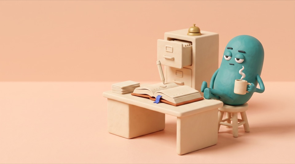 A teal clay figure leaning back with a mug, feet on the desk, while a pencil writes in the open book by itself