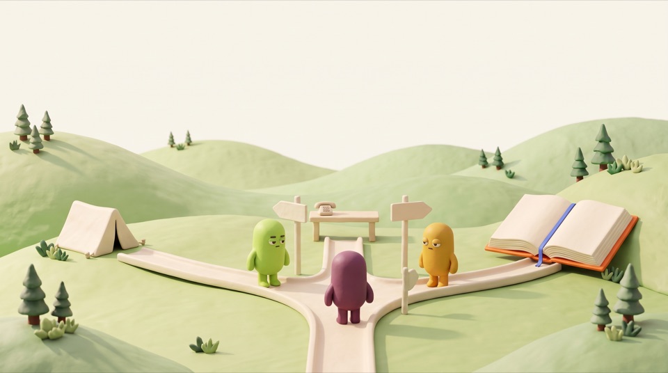 Green clay hills where a cream road forks into three, three clay figures each at the start of one road, the open book at the end of the right-hand road