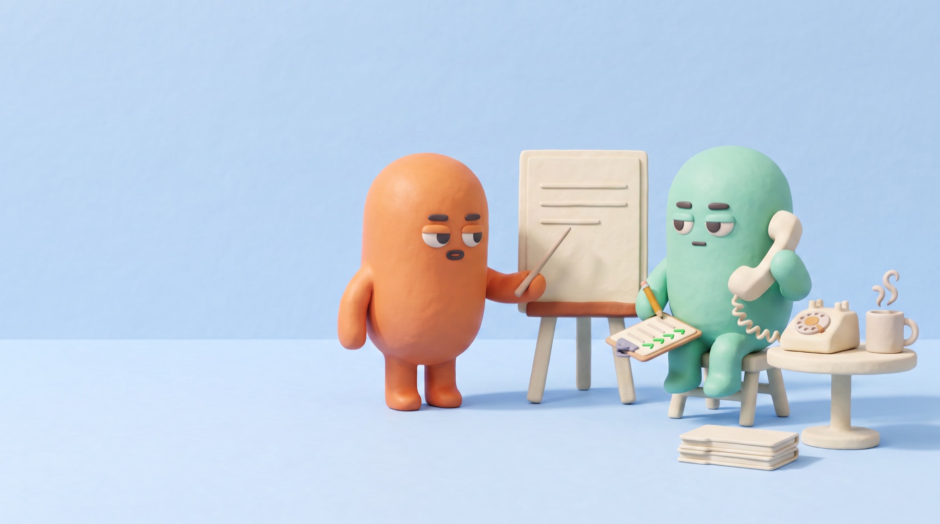 An orange clay figure pointing at a blank card on an easel while a mint figure on a stool listens on a telephone with a ticked clipboard